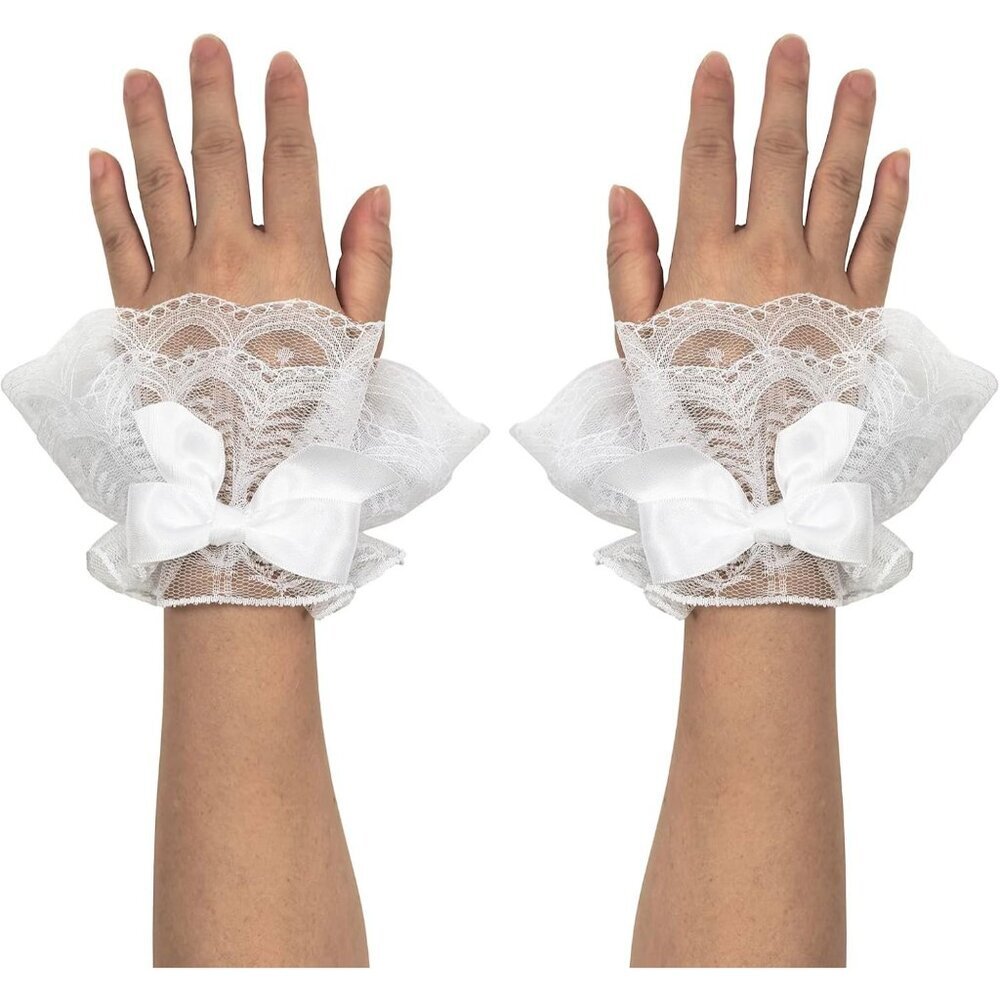 Women's Short Lace Cuffs White Bow Hand Sleeves Gloves Halloween Accessories